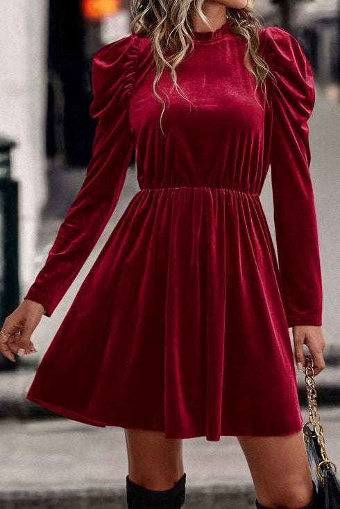 Velvet Ruffled Mock Neck Puff Sleeve Dress