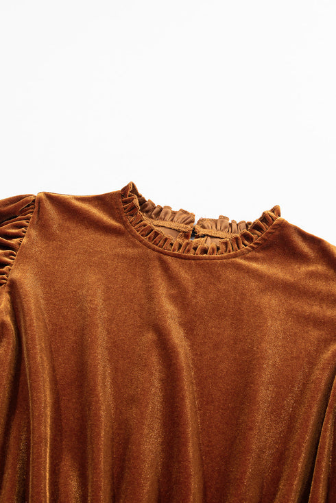 Velvet Ruffled Mock Neck Puff Sleeve Dress
