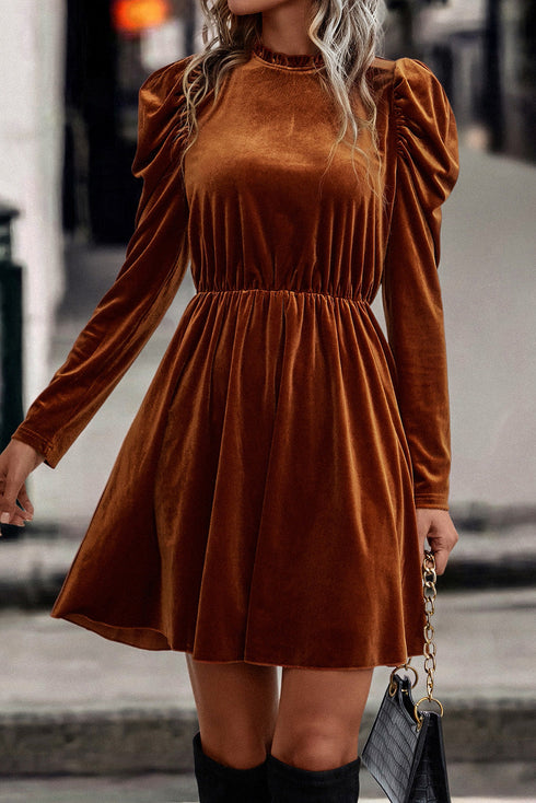 Velvet Ruffled Mock Neck Puff Sleeve Dress