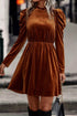 Velvet Ruffled Mock Neck Puff Sleeve Dress