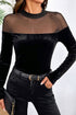 Velvet Sheer Neck Patchwork Long Sleeve Pullover Top