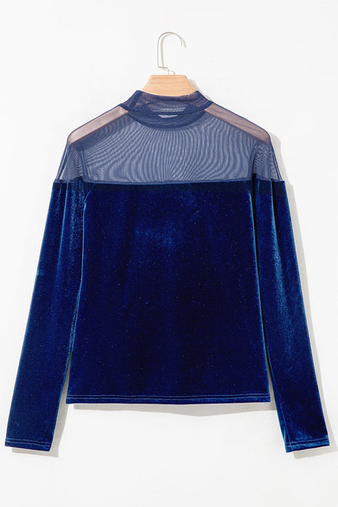 Velvet Sheer Neck Patchwork Long Sleeve Pullover Top