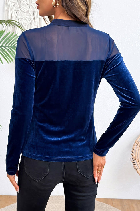 Velvet Sheer Neck Patchwork Long Sleeve Pullover Top