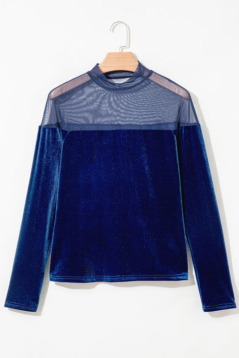 Velvet Sheer Neck Patchwork Long Sleeve Pullover Top