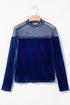 Velvet Sheer Neck Patchwork Long Sleeve Pullover Top