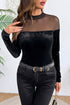 Velvet Sheer Neck Patchwork Long Sleeve Pullover Top