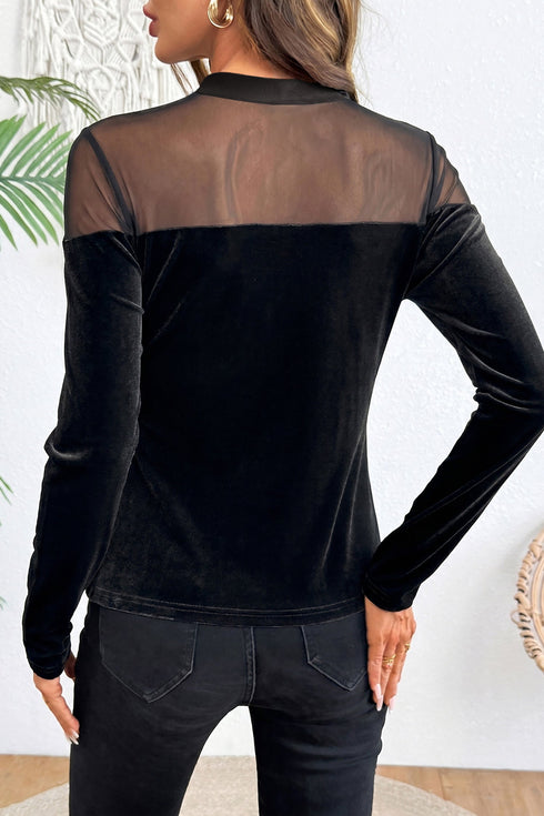 Velvet Sheer Neck Patchwork Long Sleeve Pullover Top