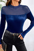 Velvet Sheer Neck Patchwork Long Sleeve Pullover Top