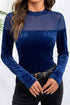 Velvet Sheer Neck Patchwork Long Sleeve Pullover Top