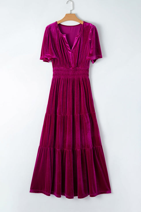 Velvet Short Sleeve Smocked Waist Tiered Maxi Dress