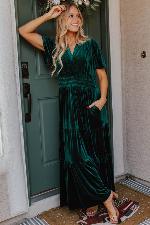 Velvet Short Sleeve Smocked Waist Tiered Maxi Dress