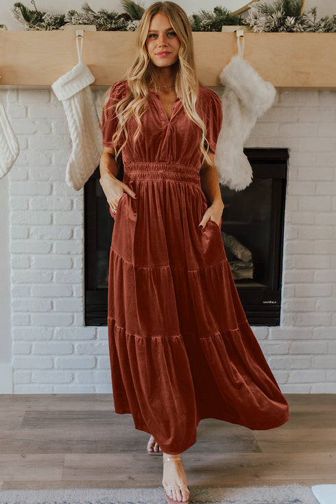 Velvet Short Sleeve Smocked Waist Tiered Maxi Dress