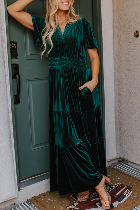 Velvet Short Sleeve Smocked Waist Tiered Maxi Dress