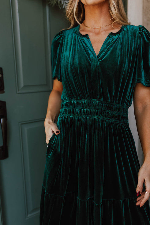 Velvet Short Sleeve Smocked Waist Tiered Maxi Dress