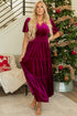 Velvet Short Sleeve Smocked Waist Tiered Maxi Dress