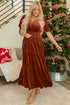 Velvet Short Sleeve Smocked Waist Tiered Maxi Dress