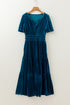 Velvet Short Sleeve Smocked Waist Tiered Maxi Dress