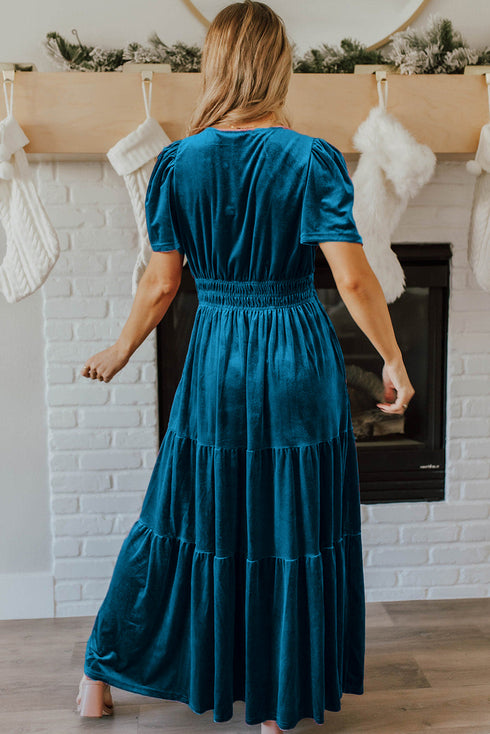 Velvet Short Sleeve Smocked Waist Tiered Maxi Dress