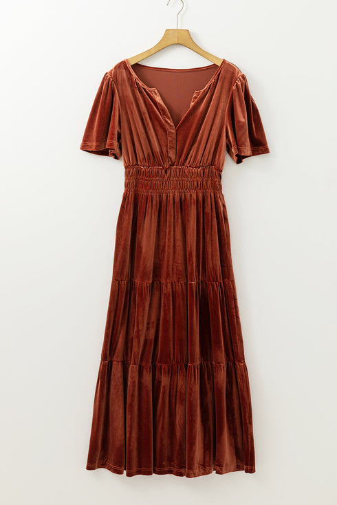 Velvet Short Sleeve Smocked Waist Tiered Maxi Dress
