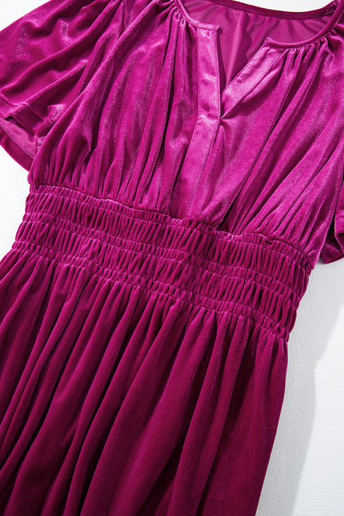 Velvet Short Sleeve Smocked Waist Tiered Maxi Dress