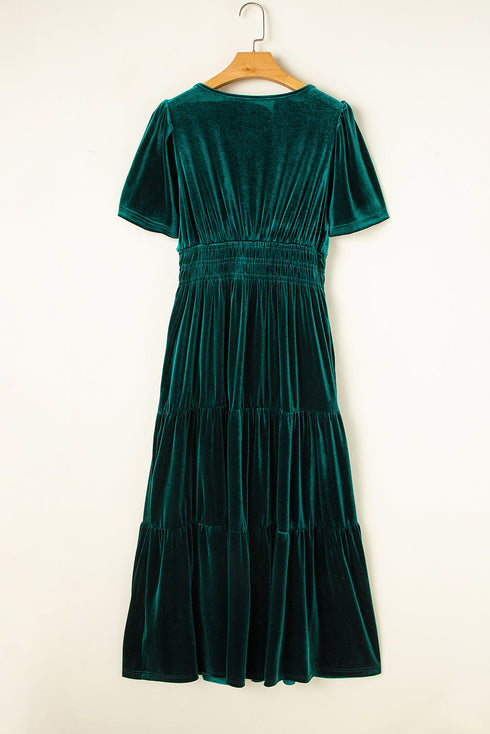 Velvet Short Sleeve Smocked Waist Tiered Maxi Dress