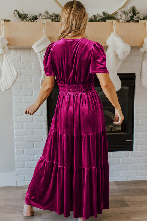 Velvet Short Sleeve Smocked Waist Tiered Maxi Dress