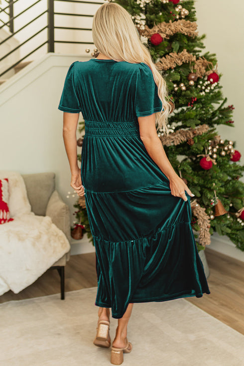 Velvet Short Sleeve Smocked Waist Tiered Maxi Dress