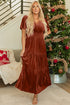 Velvet Short Sleeve Smocked Waist Tiered Maxi Dress