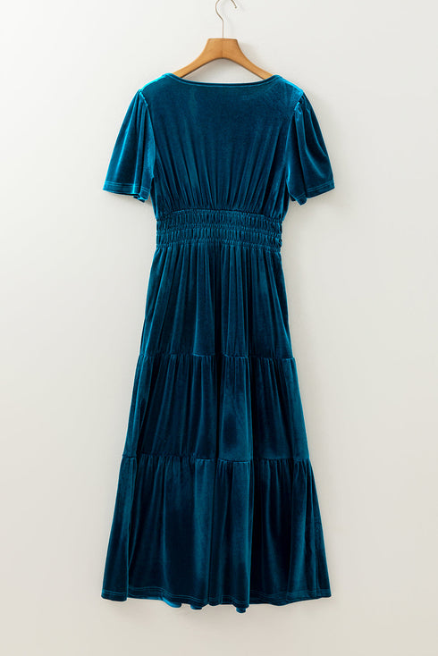 Velvet Short Sleeve Smocked Waist Tiered Maxi Dress