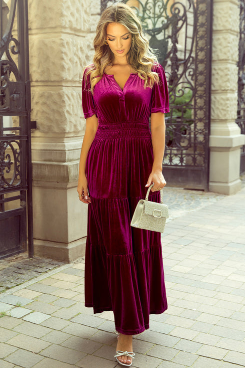 Velvet Short Sleeve Smocked Waist Tiered Maxi Dress