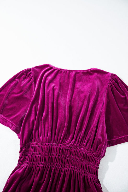 Velvet Short Sleeve Smocked Waist Tiered Maxi Dress