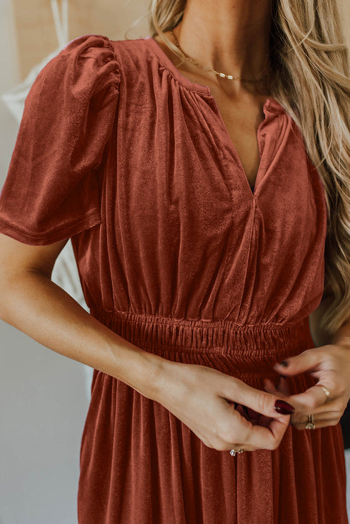 Velvet Short Sleeve Smocked Waist Tiered Maxi Dress