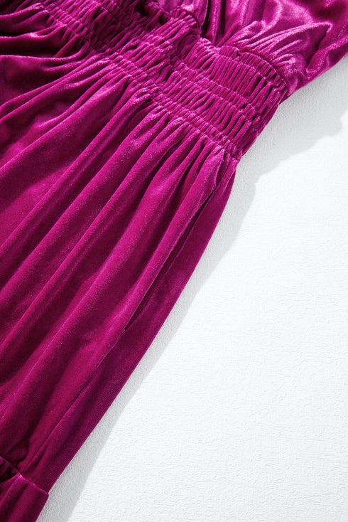 Velvet Short Sleeve Smocked Waist Tiered Maxi Dress