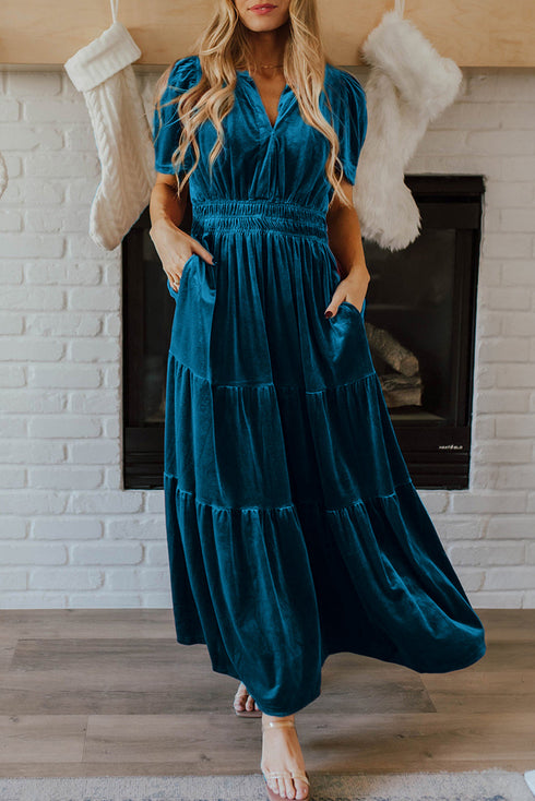 Velvet Short Sleeve Smocked Waist Tiered Maxi Dress