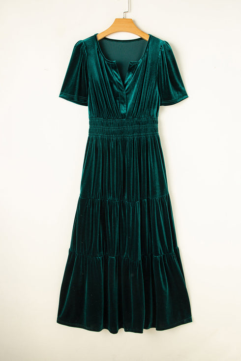 Velvet Short Sleeve Smocked Waist Tiered Maxi Dress