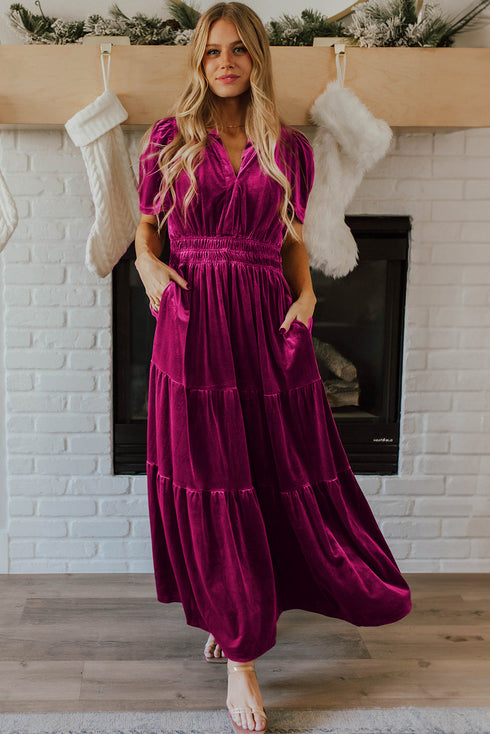 Velvet Short Sleeve Smocked Waist Tiered Maxi Dress