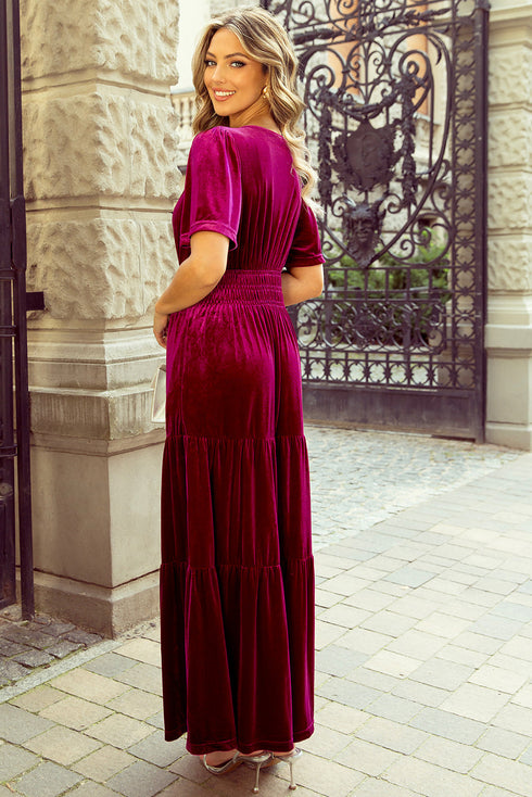 Velvet Short Sleeve Smocked Waist Tiered Maxi Dress