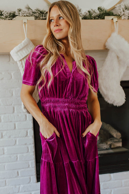 Velvet Short Sleeve Smocked Waist Tiered Maxi Dress
