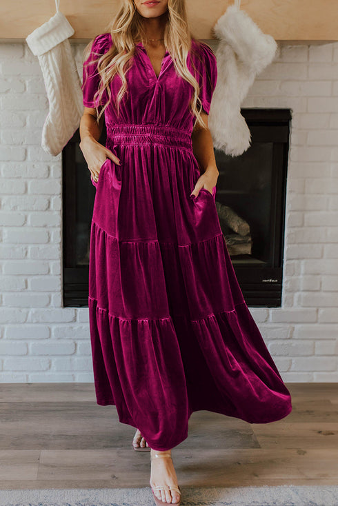 Velvet Short Sleeve Smocked Waist Tiered Maxi Dress