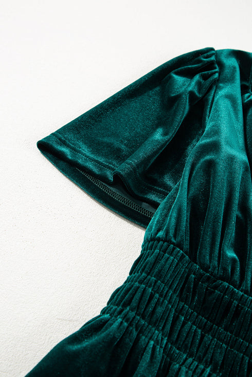 Velvet Short Sleeve Smocked Waist Tiered Maxi Dress