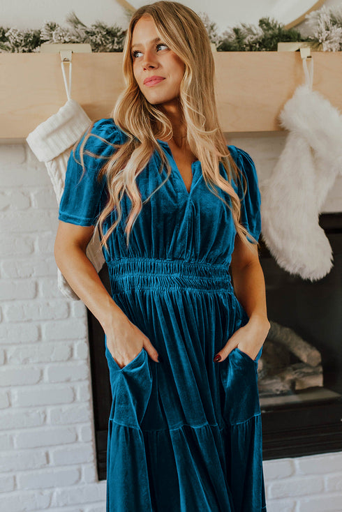 Velvet Short Sleeve Smocked Waist Tiered Maxi Dress