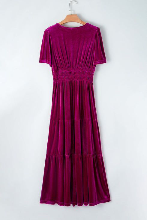 Velvet Short Sleeve Smocked Waist Tiered Maxi Dress