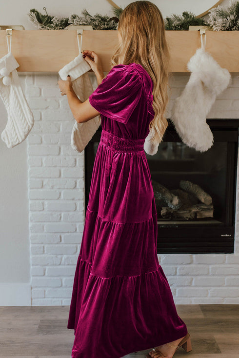 Velvet Short Sleeve Smocked Waist Tiered Maxi Dress