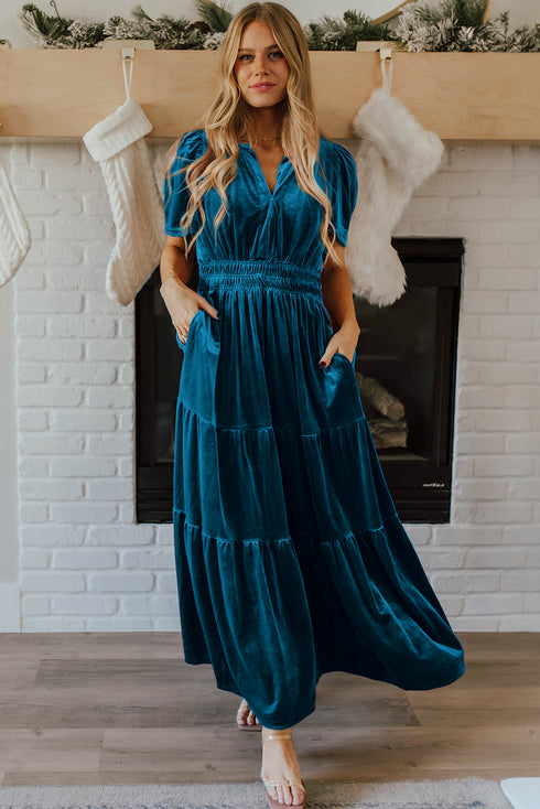 Velvet Short Sleeve Smocked Waist Tiered Maxi Dress