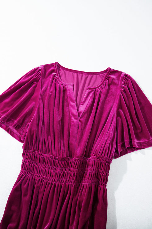Velvet Short Sleeve Smocked Waist Tiered Maxi Dress