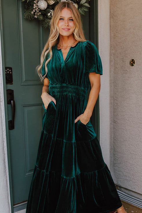 Velvet Short Sleeve Smocked Waist Tiered Maxi Dress