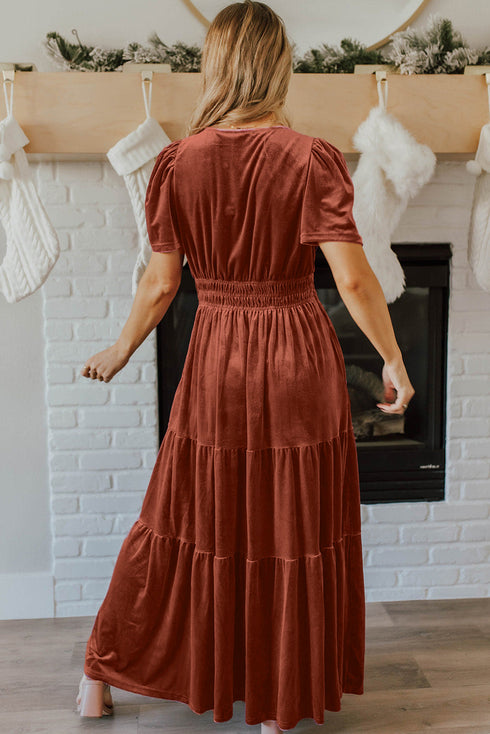 Velvet Short Sleeve Smocked Waist Tiered Maxi Dress