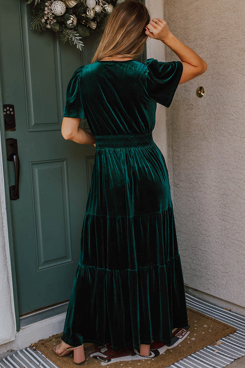 Velvet Short Sleeve Smocked Waist Tiered Maxi Dress