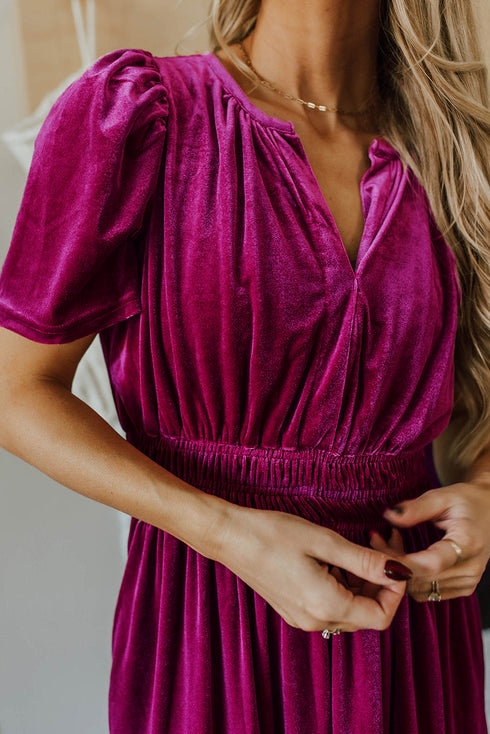 Velvet Short Sleeve Smocked Waist Tiered Maxi Dress