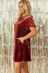 Velvet Smocked Neckline Puff Sleeve Shift Mini Dress